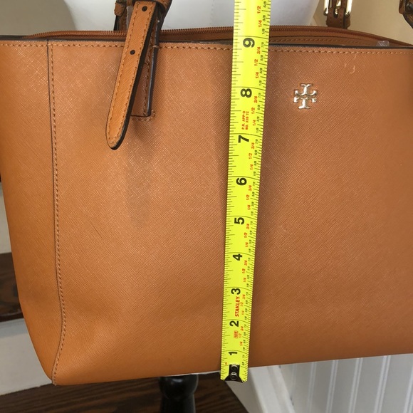 TORY BURCH Saffiano Leather Shoulder Bag Brown Leather Tote Bag Medallion Lining - Picture 8 of 17